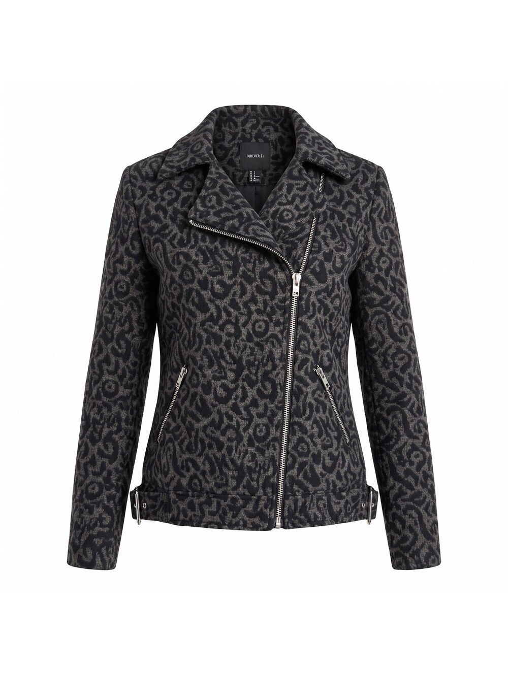 Forever 21 Gray Black Leopard Animal Print Moto Jacket Asymmetrical Zip
